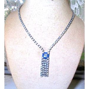 Vintage Prong Set White Blue Rhinestone Pendant Drop Choker Silver Necklace